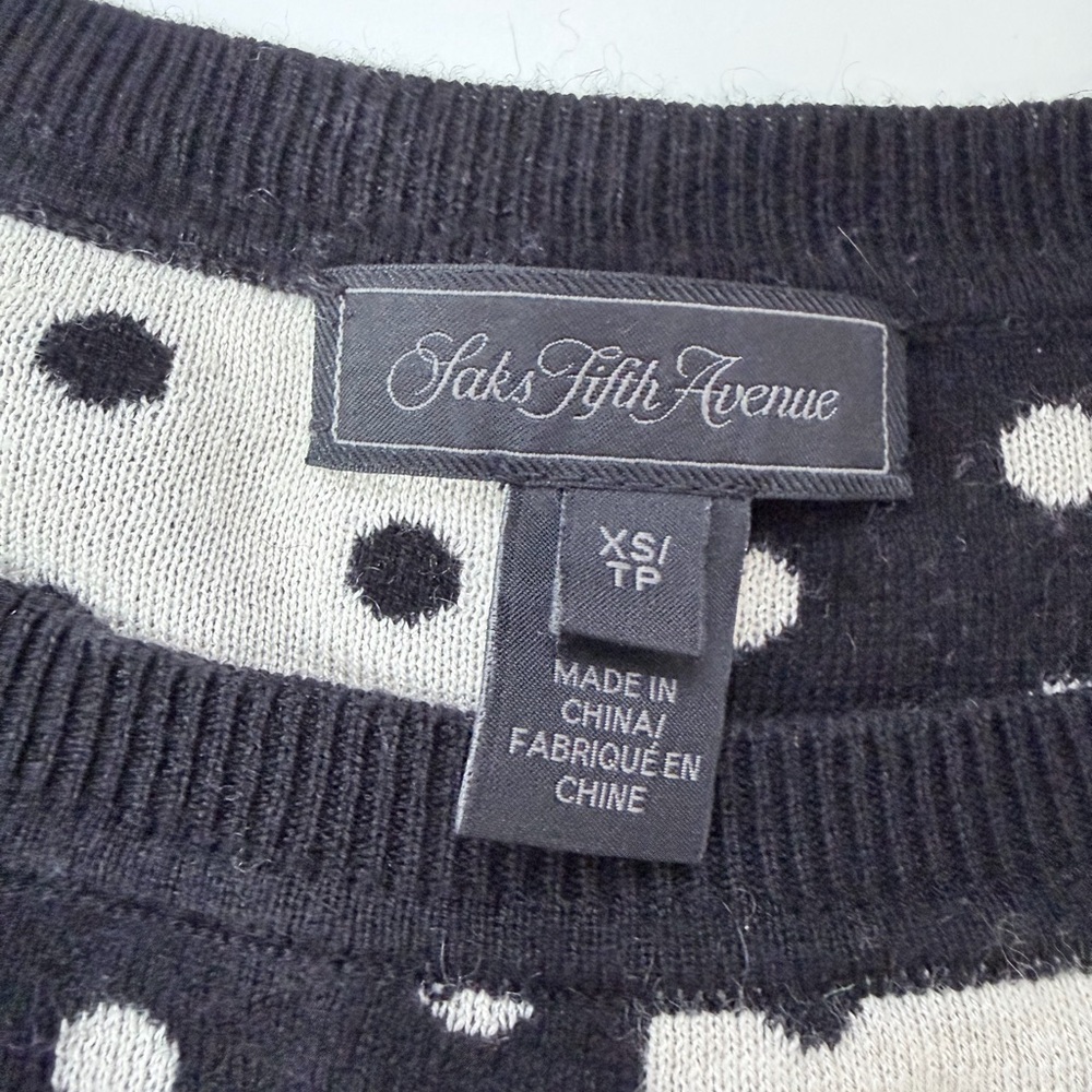 Saks Fifth Avenue Black and White Polka Dot Long Sleeve Top Silk Cashmere - Picture 6 of 10